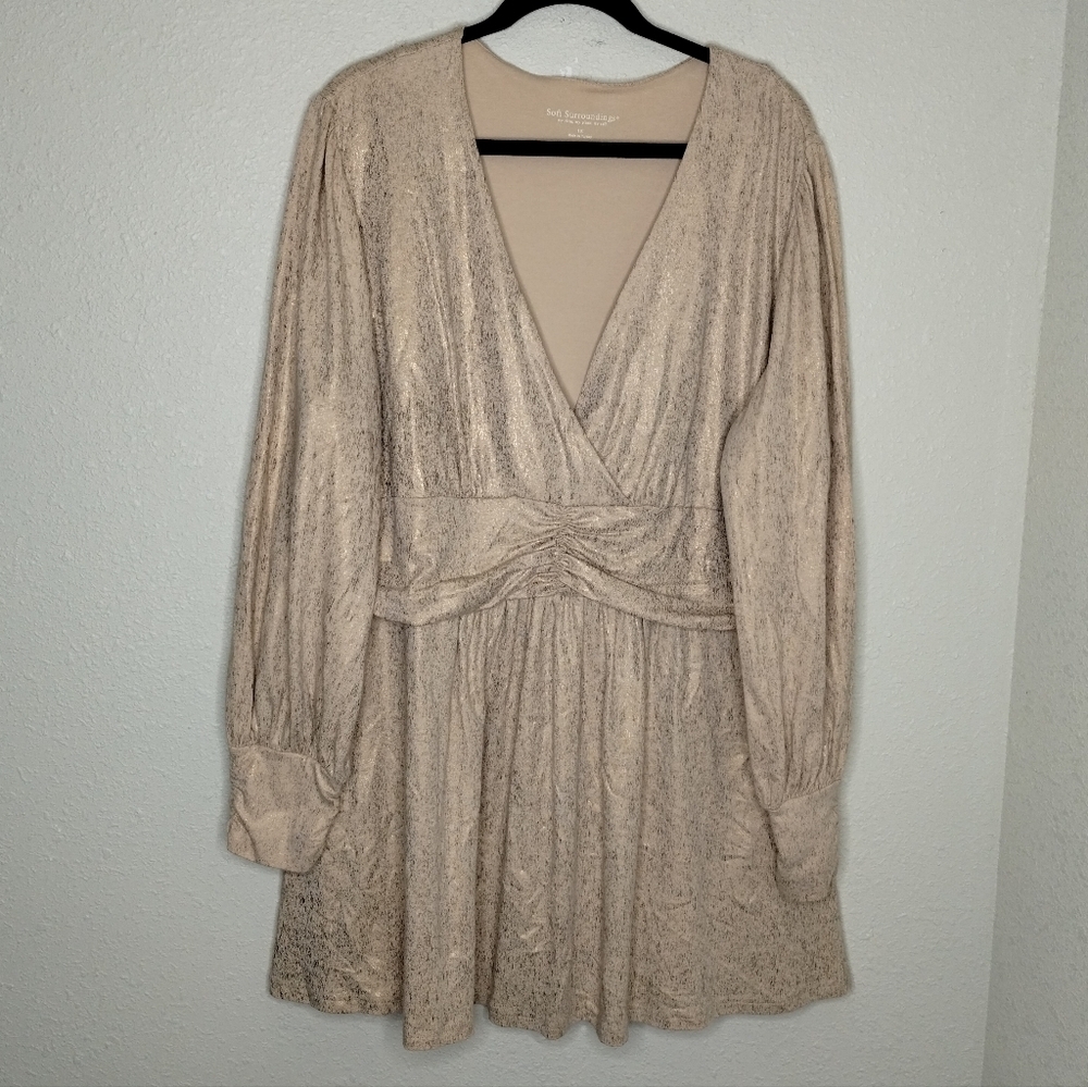 Soft Surroundings Gold Metallic V Neck Stretch Tunic Top Women's Size 1X